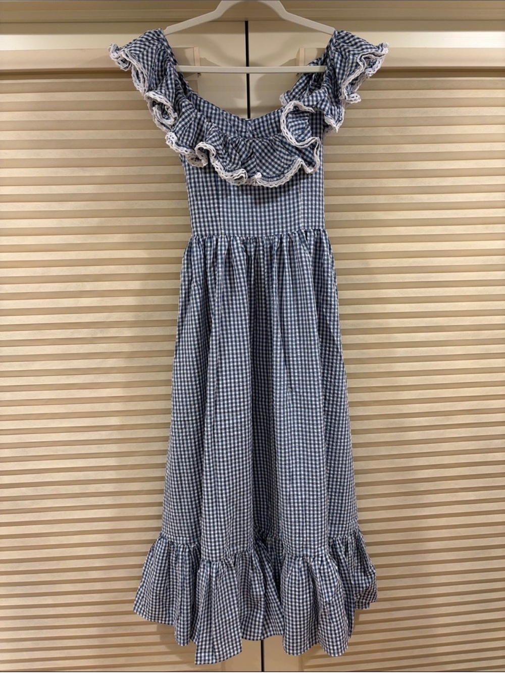 NWOT Doen Blue Gingham Ruffle Off-Shoulder Midi Dress, Size M - Picture 7 of 10